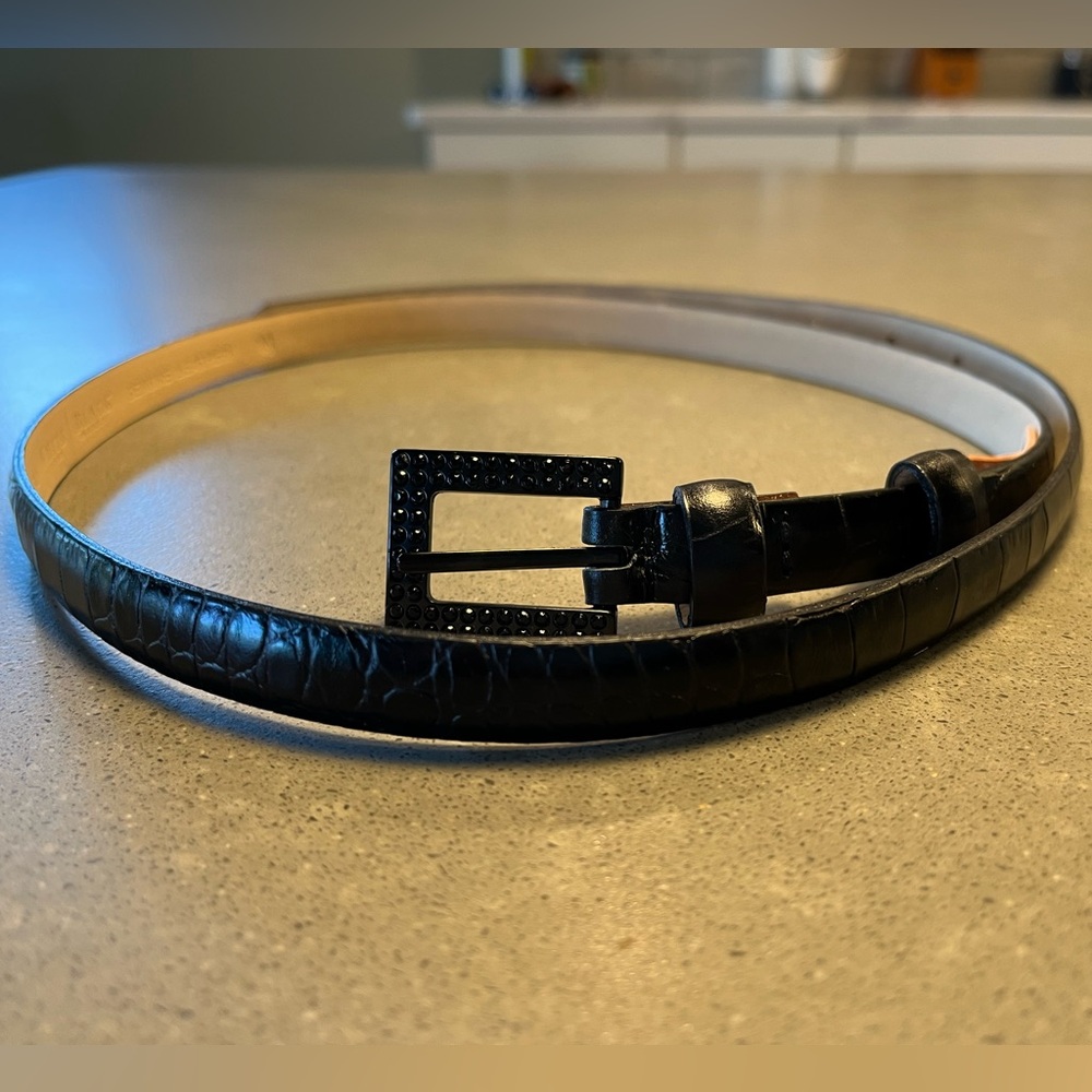 WHBM Genuine Leather Black Embossed Skinny Belt